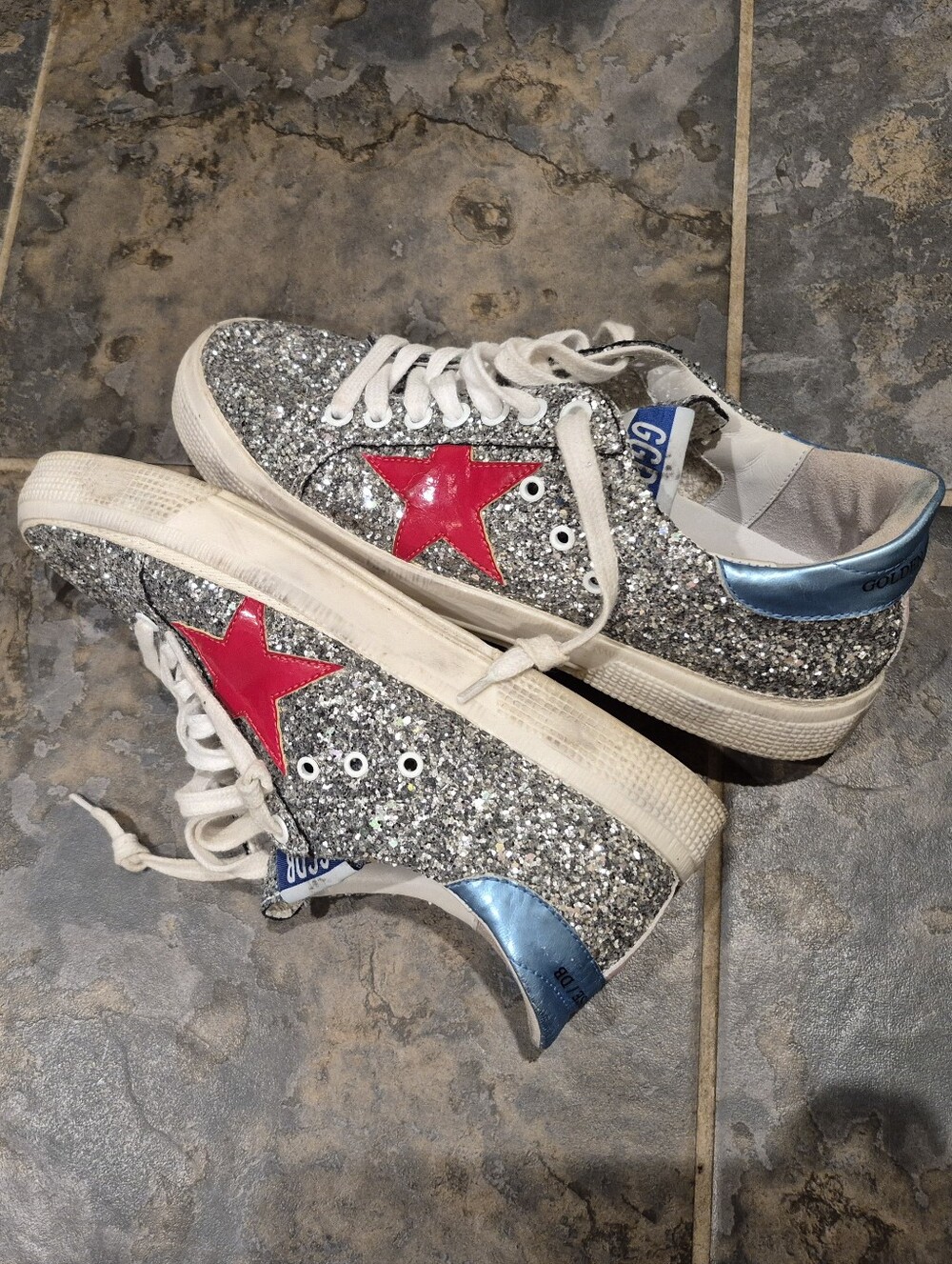 Golden Goose MAY Skate Shoe Inspired Silver Glitter Genuine Leather Sneakers